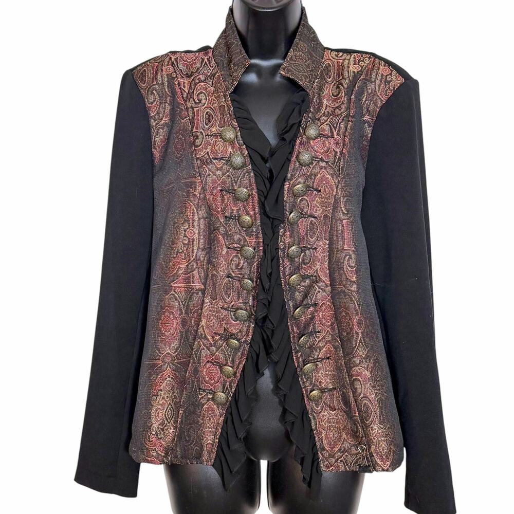 Calessa Tapestry Military Ruffle Jacket Black Paisley Brocade Boho Whimsigoth XL